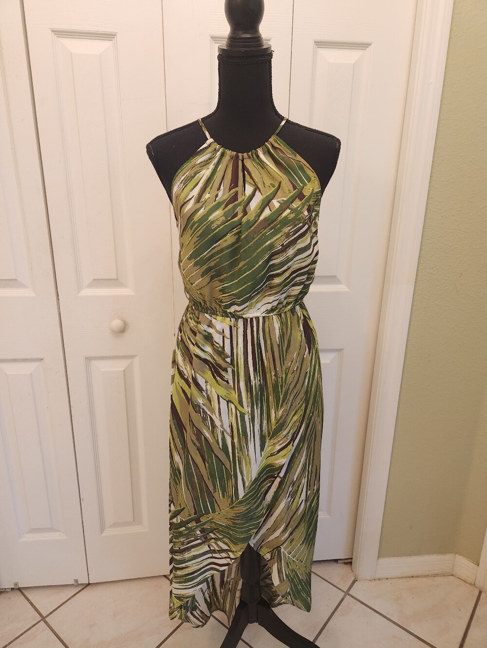 Charming Charlie Green Palm-Print Halter High Low Midi Dress